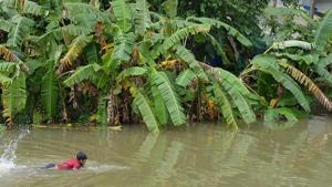 A boy swims through flood waters to crossover to his house on the outskirts of Kozhikode on August 17.(AFP Photo) A boy swims through flood waters to crossover to his house on the outskirts of Kozhikode on August 17.(AFP Photo)