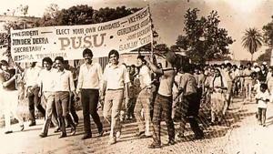PUSU’s then presidential candidate Rajinder Deepa (fifth from left) leading a rally on the Panjab University campus in 1982.(HT File) PUSU’s then presidential candidate Rajinder Deepa (fifth from left) leading a rally on the Panjab University campus in 1982.(HT File)