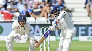 India's Ajinkya Rahane bats during the first day of the third cricket test match between England and India at Trent Bridge in Nottingham.(AP) India's Ajinkya Rahane bats during the first day of the third cricket test match between England and India at Trent Bridge in Nottingham.(AP)