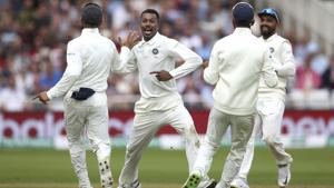 Nottingham: India's Hardik Pandya celebrates the wicket of England's Chris Woakes during day two of the third Test match at Trent Bridge in Nottingham, England, Sunday Aug. 19, 2018.(AP) Nottingham: India's Hardik Pandya celebrates the wicket of England's Chris Woakes during day two of the third Test match at Trent Bridge in Nottingham, England, Sunday Aug. 19, 2018.(AP)