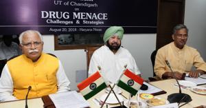 Haryana CM Manohar Lal Khattar, Punjab CM Captain Amarinder Singh and Uttrakhand CM Trivendra Singh Rawat during regional conference on drug menace in Chandigarh on Monday, 20 August 2018(Keshav Singh/Hindustan Times) Haryana CM Manohar Lal Khattar, Punjab CM Captain Amarinder Singh and Uttrakhand CM Trivendra Singh Rawat during regional conference on drug menace in Chandigarh on Monday, 20 August 2018(Keshav Singh/Hindustan Times)