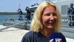British tourist Kay Longstaff speaks to the press upon her arrival in Pula with the Croatia’s coast guard ship.(AFP Photo) British tourist Kay Longstaff speaks to the press upon her arrival in Pula with the Croatia’s coast guard ship.(AFP Photo)
