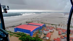 An aerial view of flooded areas of Kerala, on Monday.(PTI photo) An aerial view of flooded areas of Kerala, on Monday.(PTI photo)