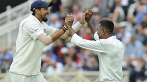 India's Hardik Pandya, right, celebrates with teammate Ishant Sharma the dismissal of England's Jonny Bairstow.(AP) India's Hardik Pandya, right, celebrates with teammate Ishant Sharma the dismissal of England's Jonny Bairstow.(AP)