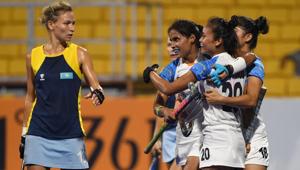 India players celebrate after scoring a goal during the women's hockey pool B match between India and Kazakhstan at the 2018 Asian Games in Jakarta on August 21, 2018.(AFP) India players celebrate after scoring a goal during the women's hockey pool B match between India and Kazakhstan at the 2018 Asian Games in Jakarta on August 21, 2018.(AFP)