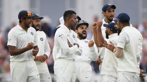 India captain Virat Kohli (c) and team mates celebrate after Joe Root is given out after a review during day two of the 3rd Specsavers Test Match between England and India at Trent Bridge on August 19, 2018 in Nottingham, England.(Getty Images) India captain Virat Kohli (c) and team mates celebrate after Joe Root is given out after a review during day two of the 3rd Specsavers Test Match between England and India at Trent Bridge on August 19, 2018 in Nottingham, England.(Getty Images)