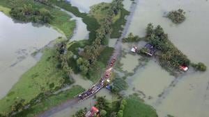 An aerial view shows partially submerged road at a flooded area in Kerala, August 19, 2018.(REUTERS) An aerial view shows partially submerged road at a flooded area in Kerala, August 19, 2018.(REUTERS)
