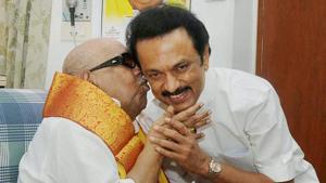 File photo of late DMK chief M Karunanidhi (L) with his son MK Stalin.(PTI photo) File photo of late DMK chief M Karunanidhi (L) with his son MK Stalin.(PTI photo)