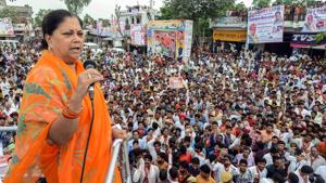 The BJP spent Rs 1.75 lakh on the branding of the chief minister’s rath (bus) that has been fitted with an elevator and a sunroof that allows Raje to address the public from the roof of the bus(PTI)
