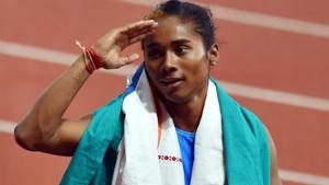 Hima Das celebrates after securing silver medal in the women's 400m final at Asian Games 2018 in Jakarta.(PTI) Hima Das celebrates after securing silver medal in the women's 400m final at Asian Games 2018 in Jakarta.(PTI)