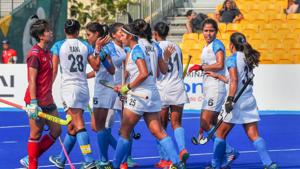 Indian players celebrate after scoring a goal against Thailand during the women's hockey pool match at the Asian Games 2018.(PTI) Indian players celebrate after scoring a goal against Thailand during the women's hockey pool match at the Asian Games 2018.(PTI)