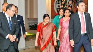 External affairs minister Sushma Swaraj on Sunday might arrived at the Vietnamese capital, Hanoi, on the first leg of her four-day two-nation tour, which aims at deepening India’s strategic cooperation with Vietnam and Cambodia.(Raveesh Kumar/Twitter) External affairs minister Sushma Swaraj on Sunday might arrived at the Vietnamese capital, Hanoi, on the first leg of her four-day two-nation tour, which aims at deepening India’s strategic cooperation with Vietnam and Cambodia.(Raveesh Kumar/Twitter)