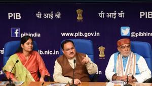 Union health minister JP Nadda (C) along with his MOS Anupriya Patel (L) and Ashwani Kumar Caubey during a press conference on Pradhan Matri Jan Arogya Yojna at National Media Centre, in New Delhi, on August 27.(Mohd Zakir/HT Photo) Union health minister JP Nadda (C) along with his MOS Anupriya Patel (L) and Ashwani Kumar Caubey during a press conference on Pradhan Matri Jan Arogya Yojna at National Media Centre, in New Delhi, on August 27.(Mohd Zakir/HT Photo)