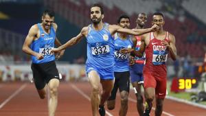 India's Manjit Singh reacts as he crosses the finish line to win the men's 800m final at the 18th Asian Games in Jakarta.(AP) India's Manjit Singh reacts as he crosses the finish line to win the men's 800m final at the 18th Asian Games in Jakarta.(AP)