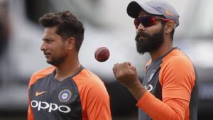 India's Kuldeep Yadav, left, and Ravindra Jadeja wait to bowl during a training session at Lord's Cricket ground in London.(AP) India's Kuldeep Yadav, left, and Ravindra Jadeja wait to bowl during a training session at Lord's Cricket ground in London.(AP)