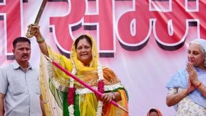 Rajasthan Chief Minister Vasundhara Raje during Women Shakti Conference in 'Rajasthan Gaurav Yatra', in Jaisalmer on Friday, Aug 24, 2018.(PTI) Rajasthan Chief Minister Vasundhara Raje during Women Shakti Conference in 'Rajasthan Gaurav Yatra', in Jaisalmer on Friday, Aug 24, 2018.(PTI)