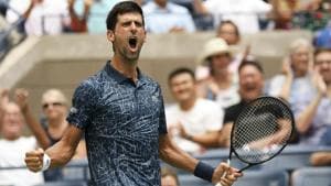 Novak Djokovic reacts to winning the third set during his US Open first round match against Marton Fucsovics.(NYT)