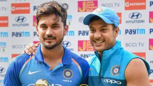 Bengaluru: India B skipper Manish Pandey and Mayank Agarwal pose with the 'Winner' and 'Man of the Match' trophy after beating Australia A in the Quadrangular 'A' Series final match, at Chinnaswamy Stadium in Bengaluru on Wednesday, Aug 29, 2018.(PTI) Bengaluru: India B skipper Manish Pandey and Mayank Agarwal pose with the 'Winner' and 'Man of the Match' trophy after beating Australia A in the Quadrangular 'A' Series final match, at Chinnaswamy Stadium in Bengaluru on Wednesday, Aug 29, 2018.(PTI)