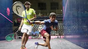 File photo of Indian squash players Ramit Tandon and Saurav Ghosal of India at training, at the Squash show court at Oxenford Studios, ahead of the 2018 Commonwealth Games.(Getty Images) File photo of Indian squash players Ramit Tandon and Saurav Ghosal of India at training, at the Squash show court at Oxenford Studios, ahead of the 2018 Commonwealth Games.(Getty Images)