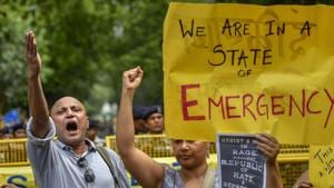 People from various organisations stage a protest against arrests of five rights activists, in New Delhi on Wednesday.(PTI) People from various organisations stage a protest against arrests of five rights activists, in New Delhi on Wednesday.(PTI)