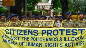 Delhi Police personnel stand on duty as activists from various organisations stage a protest pertaining to the arrest of five activists, in connection with the Bhima-Koregaon protests, in New Delhi on Wednesday, Aug 29, 2018.(PTI) Delhi Police personnel stand on duty as activists from various organisations stage a protest pertaining to the arrest of five activists, in connection with the Bhima-Koregaon protests, in New Delhi on Wednesday, Aug 29, 2018.(PTI)