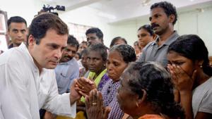 Congress president Rahul Gandhi interacts with the flood-affected people at a relief camp in Chengannur, Alapuzha, Kerala on August 28.(PTI Photo) Congress president Rahul Gandhi interacts with the flood-affected people at a relief camp in Chengannur, Alapuzha, Kerala on August 28.(PTI Photo)