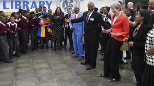 British Prime Minister Theresa May during a visit to the ID Mkhize High School in Gugulethu, Cape Town, South Africa, on Tuesday.(AP photo) British Prime Minister Theresa May during a visit to the ID Mkhize High School in Gugulethu, Cape Town, South Africa, on Tuesday.(AP photo)