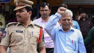 Revolutionary writer P Varavara Rao after a medical chek-up following his arrest by the Pune police in connection with the Bhima Koregaon case, in Hyderabad on Tuesday.(PTI Photo) Revolutionary writer P Varavara Rao after a medical chek-up following his arrest by the Pune police in connection with the Bhima Koregaon case, in Hyderabad on Tuesday.(PTI Photo)