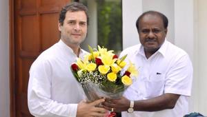 Kumaraswamy’s discussions with Rahul Gandhi come on the eve of the JD(S)-Congress Coordination Committee meeting to iron out differences in the alliance that has arisen after Siddaramaiah’s remarks about becoming chief minister.(Congress/Twitter) Kumaraswamy’s discussions with Rahul Gandhi come on the eve of the JD(S)-Congress Coordination Committee meeting to iron out differences in the alliance that has arisen after Siddaramaiah’s remarks about becoming chief minister.(Congress/Twitter)