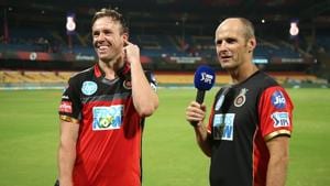 File photo of newly appointed Royal Challengers Bangalore coach and mentor Gary Kirsten along with batsman AB de Villiers(Twitter/IPL)