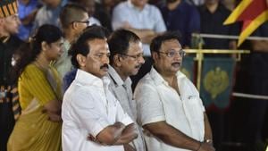 DMK chief MK Stalin (left) with family members MK Alagiri (right), Kanimozhi and others.(PTI file photo) DMK chief MK Stalin (left) with family members MK Alagiri (right), Kanimozhi and others.(PTI file photo)