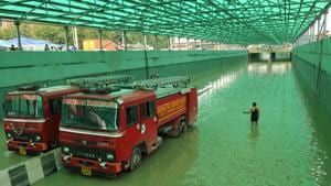 Waterlogged Hero Honda Chowk underpass is being drained by fire brigade tenders after heavy rains on Tuesday inundated the area in Gurugram on Wednesday.(Parveen Kumar/Hindustan Times) Waterlogged Hero Honda Chowk underpass is being drained by fire brigade tenders after heavy rains on Tuesday inundated the area in Gurugram on Wednesday.(Parveen Kumar/Hindustan Times)