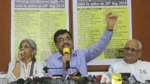 Susan Abraham wife of Vernon Gonsalves, civil rights activist Anand Teltumbde whose residence in Goa was raided, condemn the arrest of the human rights activists in Mumbai on Wednesday.(Bhushan Koyande/HT) Susan Abraham wife of Vernon Gonsalves, civil rights activist Anand Teltumbde whose residence in Goa was raided, condemn the arrest of the human rights activists in Mumbai on Wednesday.(Bhushan Koyande/HT)