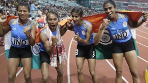 India's 4x400m relay team celebrate after winning the gold medal at Asian Games 2018.(AP)