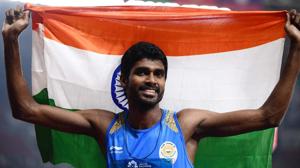 India's Jinson Johnson celebrates winning the final of the men's 1500m athletics event during the 2018 Asian Games in Jakarta on August 30, 2018.(AFP) India's Jinson Johnson celebrates winning the final of the men's 1500m athletics event during the 2018 Asian Games in Jakarta on August 30, 2018.(AFP)