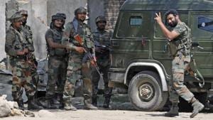 An army soldier showing victory sign after killing two militants in Hajin some 40 kilometres north of Srinagar,India.(HT File photo) An army soldier showing victory sign after killing two militants in Hajin some 40 kilometres north of Srinagar,India.(HT File photo)