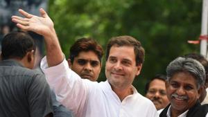 Congress president Rahul Gandhi (C), waves at a protest rally called by India's most marginalised Dalit community over an amendment to a law that protects the rights of the group, in New Delhi on August 9, 2018.(AFP File Photo) Congress president Rahul Gandhi (C), waves at a protest rally called by India's most marginalised Dalit community over an amendment to a law that protects the rights of the group, in New Delhi on August 9, 2018.(AFP File Photo)
