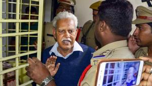 Poet-Social activist Varavara Rao as he returns home to be placed under house arrest, in Hyderabad on Thursday, Aug 30, 2018. Supreme Court gave relief to Rao and four other rights activists, who were arrested for their alleged role in Bhima Koregaon violence.(PTI) Poet-Social activist Varavara Rao as he returns home to be placed under house arrest, in Hyderabad on Thursday, Aug 30, 2018. Supreme Court gave relief to Rao and four other rights activists, who were arrested for their alleged role in Bhima Koregaon violence.(PTI)