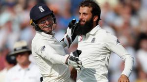 England's Moeen Ali celebrates taking the wicket of India's Mohammed Shami in Southampton.(REUTERS) England's Moeen Ali celebrates taking the wicket of India's Mohammed Shami in Southampton.(REUTERS)