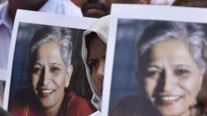People stage a protest against the killing of senior journalist Gauri Lankesh in Bengaluru.(Arijit Sen/HT File Photo)