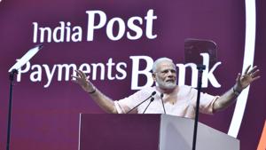 Prime Minister Narendra Modi during the launch of India Post Payments Bank at Talkatora stadium in New Delhi on September 1.(Sonu Mehta/HT PHOTO) Prime Minister Narendra Modi during the launch of India Post Payments Bank at Talkatora stadium in New Delhi on September 1.(Sonu Mehta/HT PHOTO)