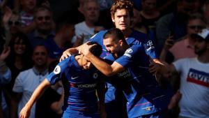 Chelsea's Pedro celebrates scoring their first goal with Marcos Alonso and Mateo Kovacic.(REUTERS) Chelsea's Pedro celebrates scoring their first goal with Marcos Alonso and Mateo Kovacic.(REUTERS)