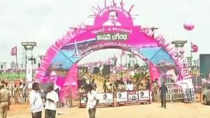 The venue of the Telangana Rashtra Samithi (TRS) rally, in Ranga Reddy district.(ANI Photo) The venue of the Telangana Rashtra Samithi (TRS) rally, in Ranga Reddy district.(ANI Photo)
