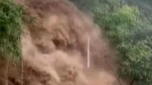 Tourists were resuced from Mussoorie’s Kempty Falls after the water level rose following heavy rains on Sunday. (Video grab) Tourists were resuced from Mussoorie’s Kempty Falls after the water level rose following heavy rains on Sunday. (Video grab)