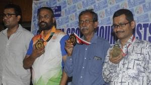 (L - R) Debabrata Majumder (Bronze), Shibnath De Sarkar & Pranab Bardhan (Pairs Gold) and Sumit Mukherjee (Bronze) - the Indian contingent of Bridge that picked up Gold and Bronze in the Jakarta Asian Games were present in a felicitation event at Calcutta Sports Journalist Club on Monday, September 03, 2018.(Samir Jana / Hindustan Times) (L - R) Debabrata Majumder (Bronze), Shibnath De Sarkar & Pranab Bardhan (Pairs Gold) and Sumit Mukherjee (Bronze) - the Indian contingent of Bridge that picked up Gold and Bronze in the Jakarta Asian Games were present in a felicitation event at Calcutta Sports Journalist Club on Monday, September 03, 2018.(Samir Jana / Hindustan Times)