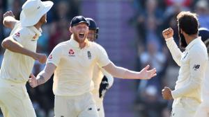 England's Moeen Ali (R) celebrates with England's Ben Stokes (C) after taking the wicket of India's Ajinkya Rahane for 21 during the fourth day of the fourth Test cricket match between England and India at the Ageas Bowl in Southampton, southwest England on September 2, 2018.(AFP) England's Moeen Ali (R) celebrates with England's Ben Stokes (C) after taking the wicket of India's Ajinkya Rahane for 21 during the fourth day of the fourth Test cricket match between England and India at the Ageas Bowl in Southampton, southwest England on September 2, 2018.(AFP)
