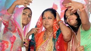 Women take selfie with Rajasthan Chief Minister Vasundhara Raje during 'Rajasthan Gaurav Yatra' at Baytu, near Barmer on Sunday, Sept 2, 2018.(PTI) Women take selfie with Rajasthan Chief Minister Vasundhara Raje during 'Rajasthan Gaurav Yatra' at Baytu, near Barmer on Sunday, Sept 2, 2018.(PTI)