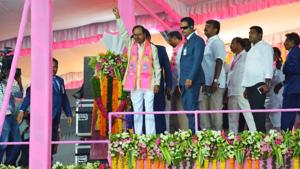 Telangana chief minister K Chandrasekhar Rao waves to supporters during at a public rally on September 2.(HT Photo) Telangana chief minister K Chandrasekhar Rao waves to supporters during at a public rally on September 2.(HT Photo)