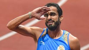 Jakarta: Indian athlete Manjit Singh after finishing first in the 1500m heat at the 18th Asian Games 2018.(PTI) Jakarta: Indian athlete Manjit Singh after finishing first in the 1500m heat at the 18th Asian Games 2018.(PTI)