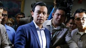 Philippine opposition Sen. Antonio Trillanes IV, (centre) is escorted to his room following a hastily-called news conference at the Philippines Senate Tuesday, Sept. 4, 2018 in suburban Pasay city, south of Manila, Philippines. President Rodrigo Duterte voided an amnesty given to the former rebel military officer and ordered the arrest of the man who as a senator has been one of the president's fiercest critics.(AP) Philippine opposition Sen. Antonio Trillanes IV, (centre) is escorted to his room following a hastily-called news conference at the Philippines Senate Tuesday, Sept. 4, 2018 in suburban Pasay city, south of Manila, Philippines. President Rodrigo Duterte voided an amnesty given to the former rebel military officer and ordered the arrest of the man who as a senator has been one of the president's fiercest critics.(AP)